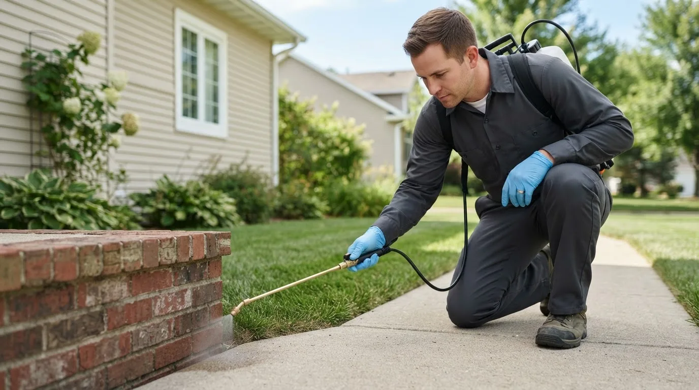 Pest control technician treating a home near Gerry, NY